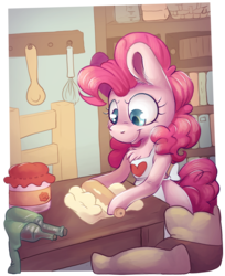 Size: 3942x4828 | Tagged: safe, artist:cutepencilcase, pinkie pie, earth pony, pony, semi-anthro, g4, apron, arm hooves, baking, book, bottle, clothes, digital art, dough, female, flour, hoof hold, jar, mare, measuring cup, rolling pin, smiling, solo, table, whisk, wooden spoon