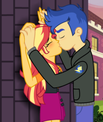Size: 1085x1287 | Tagged: safe, artist:sparkling-sunset-s08, flash sentry, sunset shimmer, equestria girls, g4, my little pony equestria girls: better together, against wall, canterlot high, duo, eyes closed, female, holding hands, kissing, male, ship:flashimmer, shipping, straight