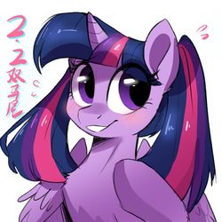 Size: 800x800 | Tagged: safe, artist:oofycolorful, twilight sparkle, alicorn, pony, g4, alternate hairstyle, blushing, cute, daaaaaaaaaaaw, female, mare, pigtails, simple background, solo, twiabetes, twigtails, twilight sparkle (alicorn), twintails, white background