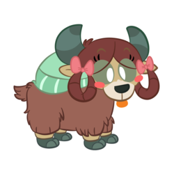Size: 1500x1500 | Tagged: safe, artist:amethystcutey, part of a set, yona, yak, g4, :p, blush sticker, blushing, bow, cloven hooves, cute, female, hair bow, monkey swings, silly, simple background, solo, tongue out, transparent background, yonadorable