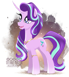 Size: 996x1100 | Tagged: safe, artist:tiffanymarsou, starlight glimmer, pony, unicorn, g4, arm band, concave belly, curved horn, cutie mark, female, hair flip, hair over one eye, horn, jewelry, leg band, mare, necklace, open mouth, regalia, signature, slender, solo, thin