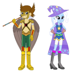 Size: 652x630 | Tagged: safe, artist:karalovely, artist:selenaede, trixie, oc, oc:silver quill, equestria girls, g4, base used, clothes, cosplay, costume, dc comics, friendship justice, hawkman, superhero, superhero costume