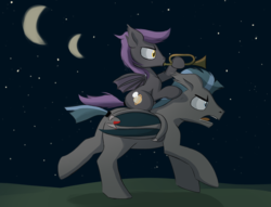 Size: 2000x1525 | Tagged: safe, artist:foal, oc, oc only, oc:distant voice, oc:rapid advance, bat pony, pony, fanfic:new neighton, bat pony oc, bat wings, bugle, crescent moon, distant voice riding rapid advance, fanfic art, hoof hold, horse riding a horse, male, moon, ponies riding ponies, riding, stallion, stars, two moons, wing claws, wings