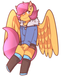 Size: 671x812 | Tagged: safe, artist:treesters, scootaloo, oc, oc only, oc:ponytale scootaloo, anthro, unguligrade anthro, comic:ponytale, g4, cheek fluff, clothes, coat, cute, cutealoo, ear fluff, female, fur coat, fur jacket, fur trim, neck fluff, sans (undertale), simple background, solo, spread wings, transparent background, undertale, wings