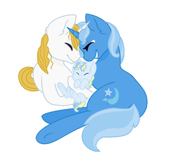 Size: 712x680 | Tagged: safe, artist:galaxy-sparkle, prince blueblood, trixie, oc, oc:blue star, pony, unicorn, g4, :<, baby, baby pony, cute, diatrixes, ear fluff, eyes closed, family, female, foal, frown, grin, hug, male, mare, nose wrinkle, nuzzling, ocbetes, offspring, parent:prince blueblood, parent:trixie, parents:bluetrix, prone, ship:bluetrix, shipping, simple background, smiling, stallion, straight, underhoof, white background