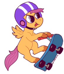 Size: 517x593 | Tagged: safe, artist:comickit, scootaloo, pegasus, pony, g4, blank flank, female, helmet, scooter, simple background, solo, tongue out, transparent background, unshorn fetlocks