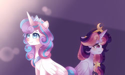 Size: 1920x1152 | Tagged: dead source, safe, artist:moon-rose-rosie, princess flurry heart, oc, oc:celestial moon, alicorn, pony, g4, alicorn oc, cousins, crown, crying, duo, female, jewelry, magical lesbian spawn, mare, offspring, older, older flurry heart, parent:rainbow dash, parent:twilight sparkle, parents:twidash, regalia