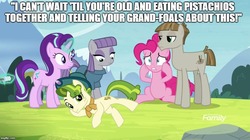 Size: 888x499 | Tagged: safe, edit, edited screencap, screencap, maud pie, mudbriar, pinkie pie, pistachio, starlight glimmer, earth pony, pony, g4, my little pony best gift ever, the maud couple, caption, image macro, meme, text, wat