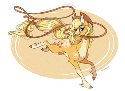 Size: 2578x1886 | Tagged: safe, artist:marbola, applejack, earth pony, pony, g4, appaloosa, chest fluff, coat markings, cowboy hat, dappled, ear fluff, female, hat, mare, mouth hold, pale belly, redesign, rope, smiling, solo, unshorn fetlocks