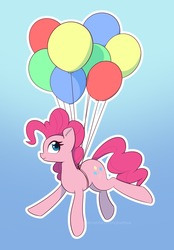 Size: 1509x2173 | Tagged: safe, artist:puetsua, pinkie pie, earth pony, pony, g4, balloon, cute, female, floating, gradient background, mare, solo, then watch her balloons lift her up to the sky