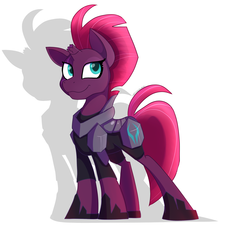 Size: 3000x2696 | Tagged: safe, artist:tehshockwave, tempest shadow, pony, unicorn, g4, armor, broken horn, eye scar, female, high res, hoof shoes, horn, mare, scar, shadow, signature, simple background, smiling, solo, white background