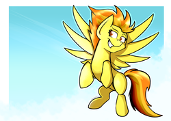 Size: 2604x1842 | Tagged: safe, artist:tehshockwave, spitfire, pony, g4, cloud, female, flying, grin, mare, signature, sky, smiling, solo, spread wings, wings