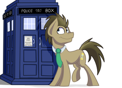 Size: 2721x1976 | Tagged: safe, artist:tehshockwave, doctor whooves, time turner, earth pony, pony, g4, doctor who, male, necktie, signature, simple background, smiling, solo, stallion, tardis, the doctor, white background