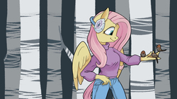 Size: 1920x1080 | Tagged: safe, artist:shizzli, fluttershy, bird, anthro, g4, female, forest, solo, tree