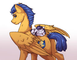 Size: 2509x1977 | Tagged: safe, artist:marbola, flash sentry, oc, oc:onyx glow, pegasus, pony, g4, baby, baby pony, father and daughter, female, looking back, male, offspring, onyx glow riding flash sentry, papa flash, parent:flash sentry, parent:twilight sparkle, parents:flashlight, pigtails, ponies riding ponies, riding, simple background, sleeping, smiling