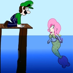 Size: 1445x1450 | Tagged: safe, artist:cailauniverse, fluttershy, human, mermaid, seapony (g4), equestria girls, g4, clothes, crossover, crossover shipping, female, fin wings, gloves, hasbro, hasbro studios, hat, looking at each other, luigi, luigishy, male, mermaid tail, mermaidized, nintendo, ocean, overalls, pegasus wings, seaponified, seapony fluttershy, seashell bra, shipping, shirt, species swap, straight, super mario bros., undershirt, underwater, water, wings