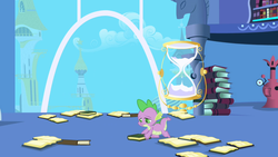 Size: 1280x720 | Tagged: safe, screencap, spike, dragon, friendship is magic, g4, book, hourglass, male, solo, twilight's canterlot home, window