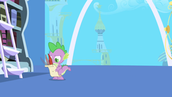 Size: 1280x720 | Tagged: safe, screencap, spike, dragon, friendship is magic, g4, bookshelf, feather, ladder, letter, male, paper, parchment, quill, twilight's canterlot home, window