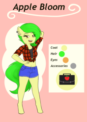 Size: 1754x2480 | Tagged: safe, artist:larasilvestris, apple bloom, earth pony, anthro, g4, alternate cutie mark, alternate design, alternate hair color, alternate universe, arima verse, ear piercing, earring, green hair, jewelry, looking at you, piercing, pose, reference sheet, solo