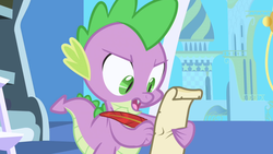 Size: 1280x720 | Tagged: safe, screencap, spike, dragon, friendship is magic, g4, feather, ladder, letter, male, paper, parchment, quill, solo, twilight's canterlot home, window