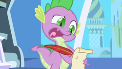 Size: 1280x720 | Tagged: safe, screencap, spike, dragon, friendship is magic, g4, faic, feather, ladder, male, paper, parchment, quill, scroll, solo, spelling, twilight's canterlot home, unsure, window