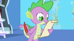 Size: 1280x720 | Tagged: safe, screencap, spike, dragon, friendship is magic, g4, bookshelf, feather, ladder, letter, male, paper, parchment, quill, solo, twilight's canterlot home, window