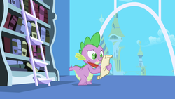 Size: 1280x720 | Tagged: safe, screencap, spike, dragon, friendship is magic, g4, bookshelf, feather, ladder, letter, male, paper, parchment, quill, solo, twilight's canterlot home, window