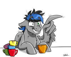 Size: 800x647 | Tagged: safe, artist:rutkotka, oc, oc only, pegasus, pony, coffee, coffee mug, commission, male, mug, smiling, solo, stallion, wing hands, ych result