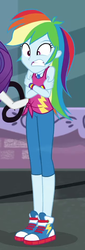 Size: 320x946 | Tagged: safe, screencap, rainbow dash, rarity, equestria girls, equestria girls series, g4, street chic, spoiler:eqg series (season 2), clothes, cold, converse, cropped, cute, dashabetes, female, freezing, geode of super speed, magical geodes, offscreen character, shivering, shoes, sleeveless, sneakers, solo, tank top