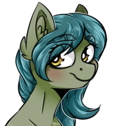 Size: 2000x2000 | Tagged: safe, artist:lrusu, oc, oc only, oc:ammo drum, pony, blushing, bust, commission, cute, ear fluff, eye clipping through hair, eyebrows, eyebrows visible through hair, female, high res, looking at you, mare, portrait, signature, simple background, solo, white background