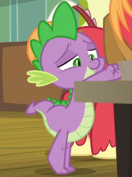 Size: 366x493 | Tagged: safe, screencap, big macintosh, spike, dragon, g4, the break up breakdown, cropped, lidded eyes, male, offscreen character, smiling, solo focus, tiptoe