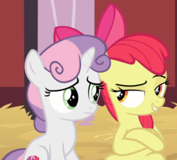 Size: 1013x914 | Tagged: safe, screencap, apple bloom, sweetie belle, earth pony, pony, unicorn, g4, the break up breakdown, bow, cropped, crossed hooves, duo, female, filly, hair bow, lidded eyes, looking at each other, raised eyebrow, sitting