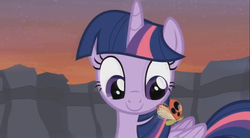 Size: 1242x685 | Tagged: safe, screencap, twilight sparkle, alicorn, insect, ladybug, pony, g4, it ain't easy being breezies, female, folded wings, mare, smiling, solo, twilight sparkle (alicorn), wings