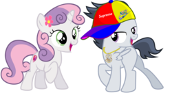 Size: 1340x727 | Tagged: safe, artist:jawsandgumballfan24, rumble, sweetie belle, pegasus, pony, unicorn, g4, bling, colt, female, filly, flower, flower in hair, foal, gold chains, hat, male, nike, ship:rumbelle, shipping, simple background, straight, supreme, transparent background, vector