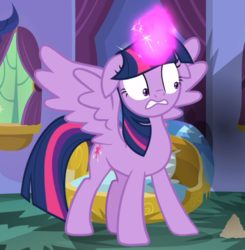 Size: 830x848 | Tagged: safe, screencap, twilight sparkle, alicorn, pony, g4, molt down, cropped, female, floppy ears, glowing horn, horn, reaction image, solo, spread wings, twilight sparkle (alicorn), wings