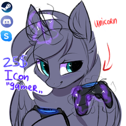Size: 3000x3000 | Tagged: safe, artist:pesty_skillengton, oc, oc only, pegasus, pony, unicorn, avatar, commission, controller, cute, female, game, gamer, high res, icon, joystick, magic, male, mare, smiling, smirk, solo, stallion, your character here