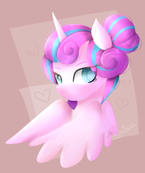 Size: 892x1064 | Tagged: safe, artist:colinetheneko, princess flurry heart, alicorn, pony, g4, alternate hairstyle, bust, colored pupils, cute, eye clipping through hair, female, flurrybetes, hair bun, heart, older, older flurry heart, portrait, solo