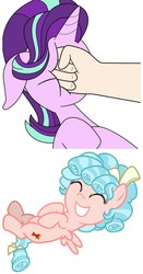 Size: 881x1683 | Tagged: safe, anonymous artist, artist:frownfactory, edit, cozy glow, starlight glimmer, pegasus, pony, unicorn, derpibooru, g4, marks for effort, abuse, cutie mark, downvote bait, drama, eyes closed, female, filly, fist, floppy ears, glimmerbuse, hand, juxtaposition, meta, op is a duck, punch, simple background, smiling, starlight drama, wings