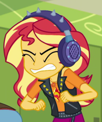 Size: 749x898 | Tagged: safe, screencap, sandalwood, sunset shimmer, equestria girls, g4, my little pony equestria girls: better together, overpowered (equestria girls), cropped, geode of empathy, headphones, magical geodes, offscreen character