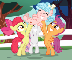 Size: 1003x836 | Tagged: safe, screencap, apple bloom, cozy glow, scootaloo, sweetie belle, earth pony, pegasus, pony, unicorn, g4, marks for effort, apple bloom's bow, belly, bipedal, bow, cropped, cutie mark, cutie mark crusaders, excited, eyes closed, female, filly, freckles, hair bow, happy, holding a pony, looking up, smiling, the cmc's cutie marks
