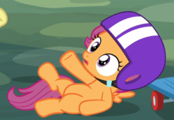 Size: 764x526 | Tagged: safe, screencap, scootaloo, pegasus, pony, g4, marks for effort, belly, cropped, female, filly, helmet, lying down, open mouth, scooter, solo focus, underhoof
