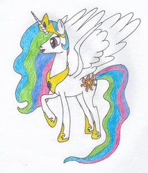 Size: 1997x2341 | Tagged: safe, artist:dreamvirusomega, princess celestia, alicorn, pony, g4, jewelry, looking to the left, open mouth, raised hoof, regalia, simple background, spread wings, traditional art, white background, wings