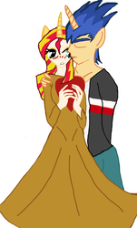 Size: 1601x2645 | Tagged: safe, artist:realityisrelative, flash sentry, sunset shimmer, anthro, equestria girls, g4, female, horn, male, ponied up, ship:flashimmer, shipping, straight