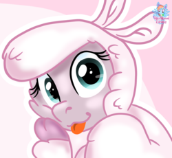Size: 1378x1269 | Tagged: safe, artist:rainbow eevee, pom (tfh), lamb, sheep, them's fightin' herds, :3, community related, cute, female, looking at you, solo, tongue out
