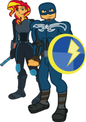 Size: 568x800 | Tagged: safe, artist:dreamchallenger, flash sentry, sunset shimmer, pony, g4, black widow (marvel), captain america, clothes, cosplay, costume, female, male, marvel, marvel comics, ship:flashimmer, shipping, straight