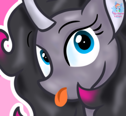 Size: 1378x1269 | Tagged: safe, artist:rainbow eevee, oleander (tfh), pony, unicorn, them's fightin' herds, awwleander, community related, cute, female, looking at you, selfie, silly, simple background, solo, tongue out