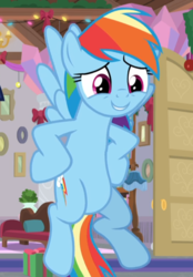 Size: 652x936 | Tagged: safe, screencap, rainbow dash, pegasus, pony, g4, the hearth's warming club, cropped, female, flying, hooves on hips, mare, smiling, spread wings, wings