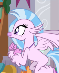 Size: 757x932 | Tagged: safe, screencap, silverstream, classical hippogriff, hippogriff, g4, the hearth's warming club, cropped, excited, female, flying, smiling, solo