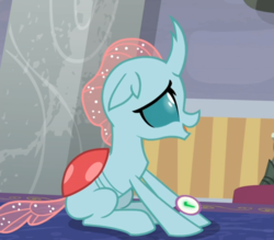 Size: 750x658 | Tagged: safe, screencap, ocellus, changedling, changeling, a matter of principals, g4, cropped, female, sitting, solo, watch