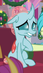 Size: 374x637 | Tagged: safe, screencap, ocellus, changedling, changeling, g4, the hearth's warming club, cropped, female, nervous, offscreen character, sitting, solo, solo focus